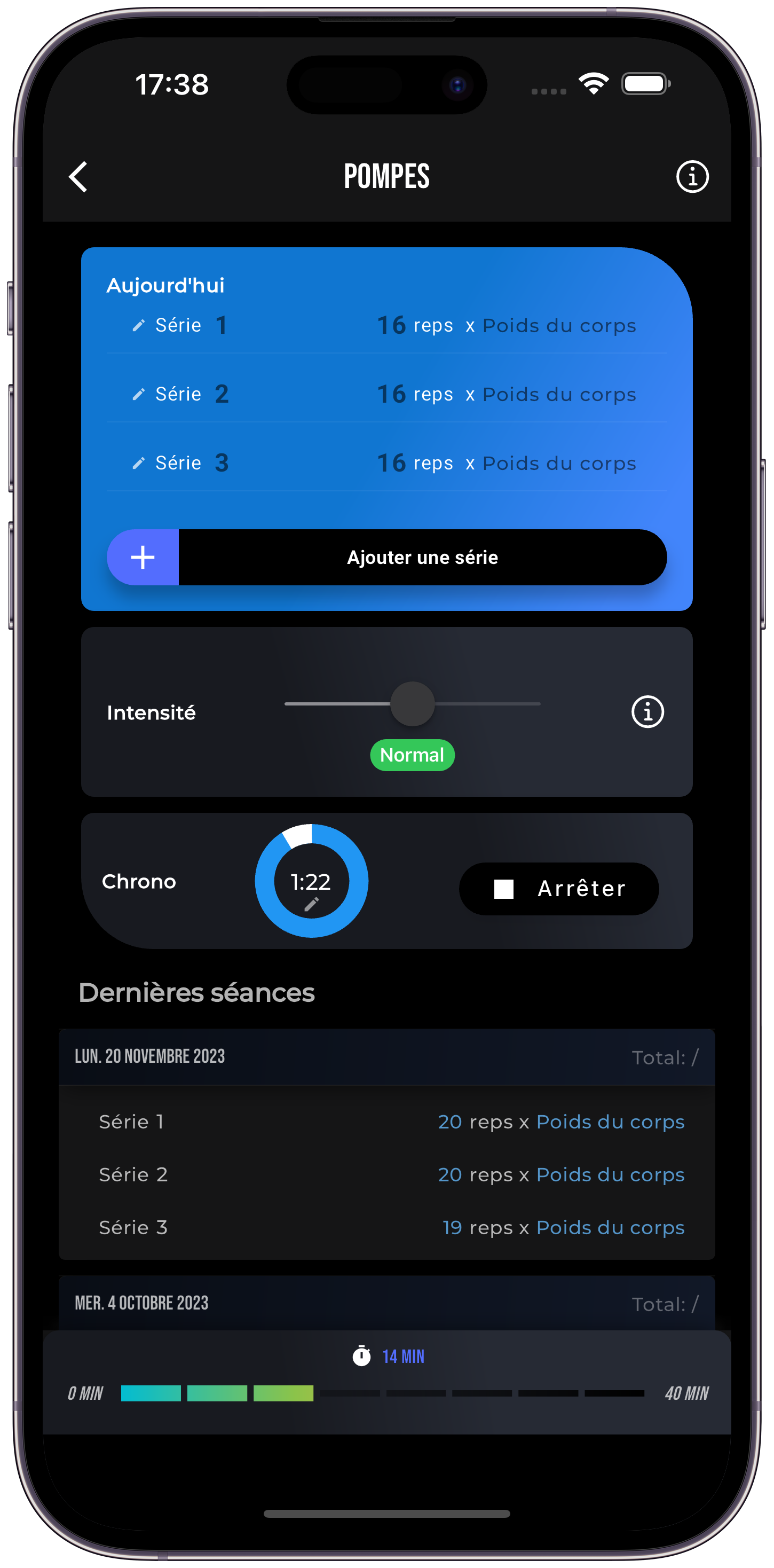 Série et répétition dans l'écran de l'application mobile ngu fit